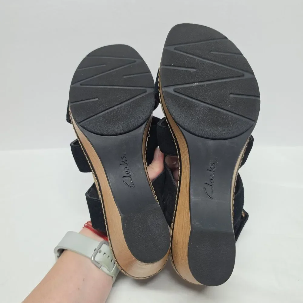 Clarks Seannah Glow Suede Wedge Sandal In Black Womens Sz 10 Wide Slingback
